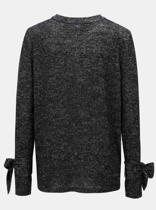 Čierny melírovaný tenký sveter s mašľou na rukávoch Noisy May