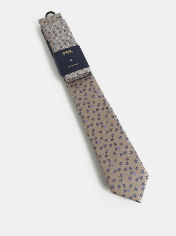 Béžová vzorovaná slim kravata s vreckovkou do klopy saka  Burton Menswear London