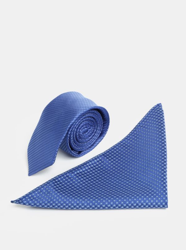 Modrá vzorovaná slim kravata s vreckovkou do klopy saka Burton Menswear London