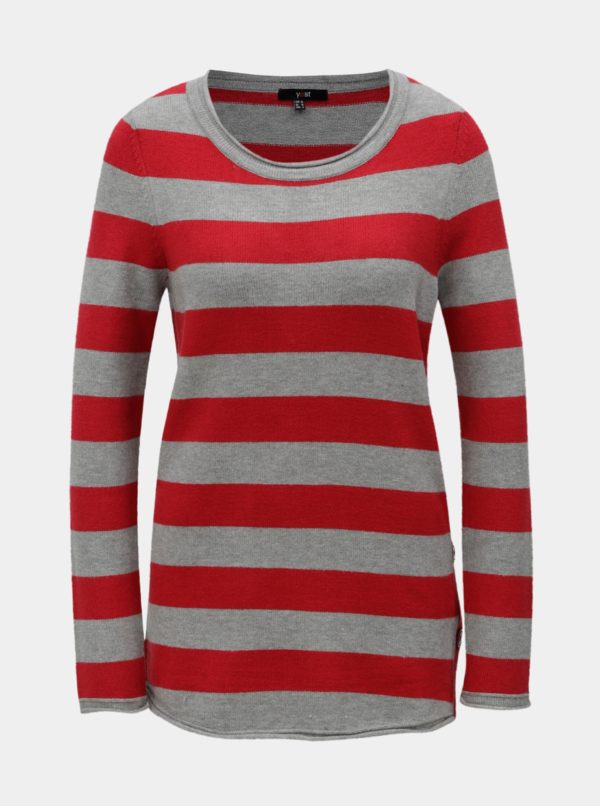 Sivo-červený pruhovaný sveter s gombíkmi na boku Yest