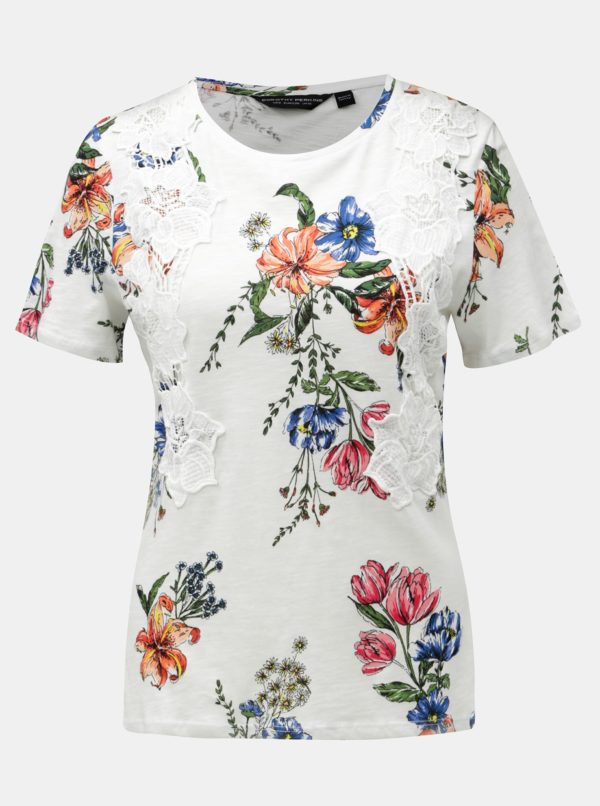 Biele kvetované tričko s čipkovanými detailmi Dorothy Perkins