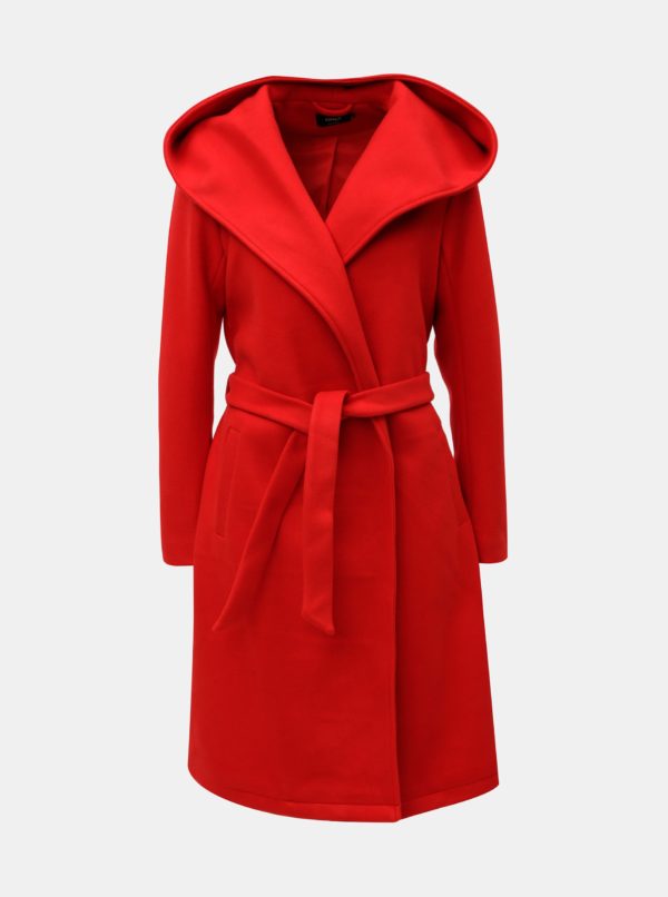 Červený kabát s kapucňou a zaväzovaním ONLY Riley