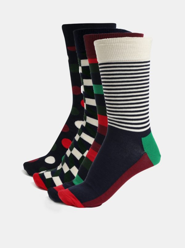 Súprava štyroch párov unisex vzorovaných ponožiek v modrej, zelenej a vínovej farbe s darčekovým boxom Happy Socks Holiday