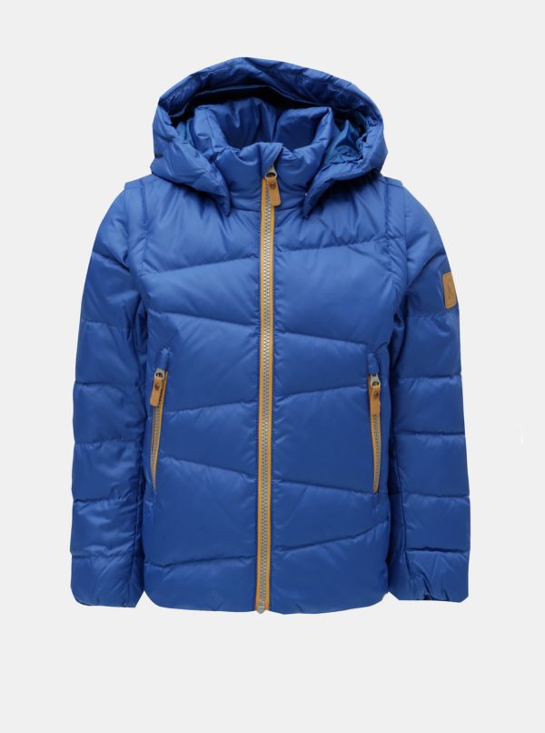 Modrá detská funkčná páperová vesta/bunda s odnímateľnými rukávmi a kapucňou na patentky Reima Martii