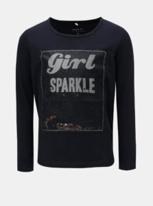 Tmavomodré dievčenské tričko s dlhým rukávom a flitrami Name it