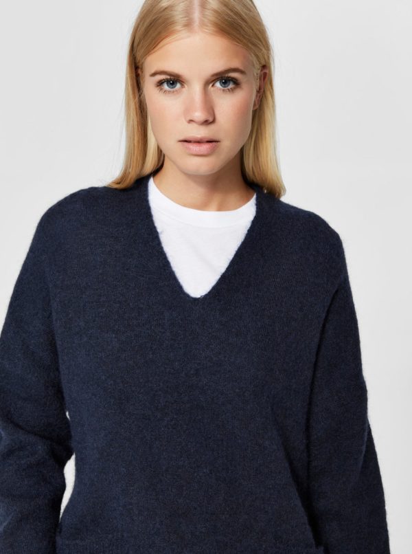 Modrý voľný sveter s prímesou vlny Selected Femme Livana