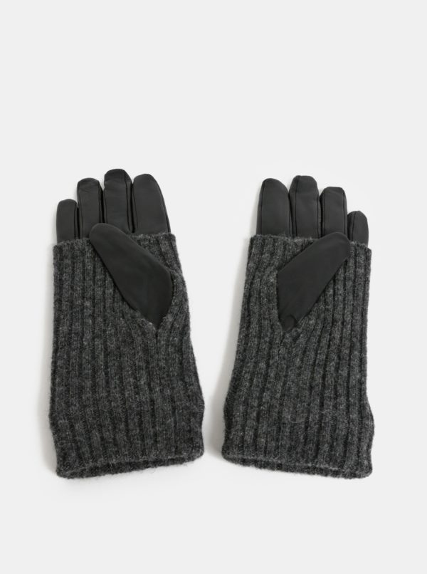 Čierne kožené rukavice s ohŕňateľným vlneným úpletom VERO MODA Mie
