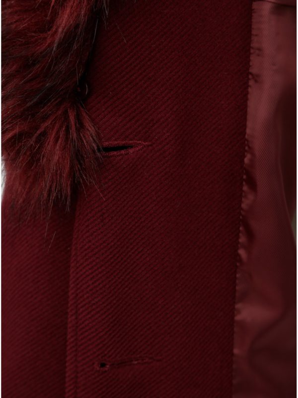Vínový menčestrový kabát s odnímateľnou umelou kožušinkou Dorothy Perkins