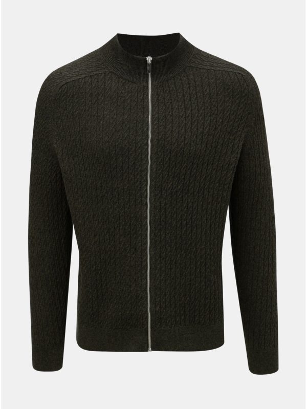 Kaki vzorovaný sveter na zips Burton Menswear London Cable