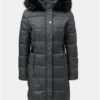 Sivý kockovaný zimný kabát s umelou kožušinkou na kapucni Dorothy Perkins