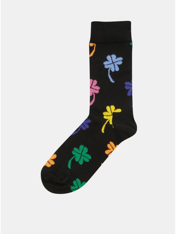 Čierne dámske ponožky s motívom štvorlístkov Happy Socks Big Luck Sock
