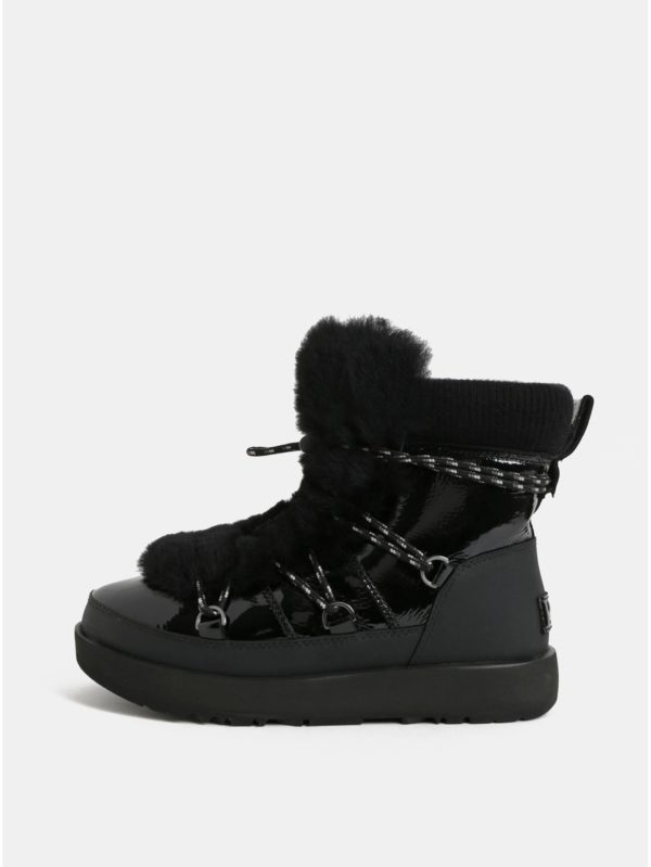 Čierne nepremokavé kožené zimné topánky s umelou kožušinkou UGG Highland