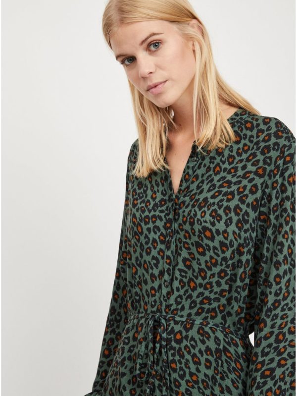 Tmavozelené leopardie košeľové šaty VILA Kamia