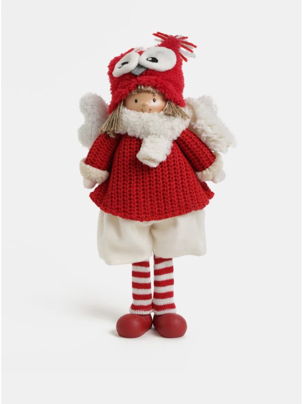 Bielo–červená vianočná figúrka s krídlami a čiapkou v tvare sovy Kaemingk