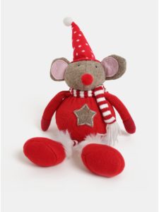 Červená vianočná figúrka v tvare myšky s čiapkou a motívom hviezd Kaemingk