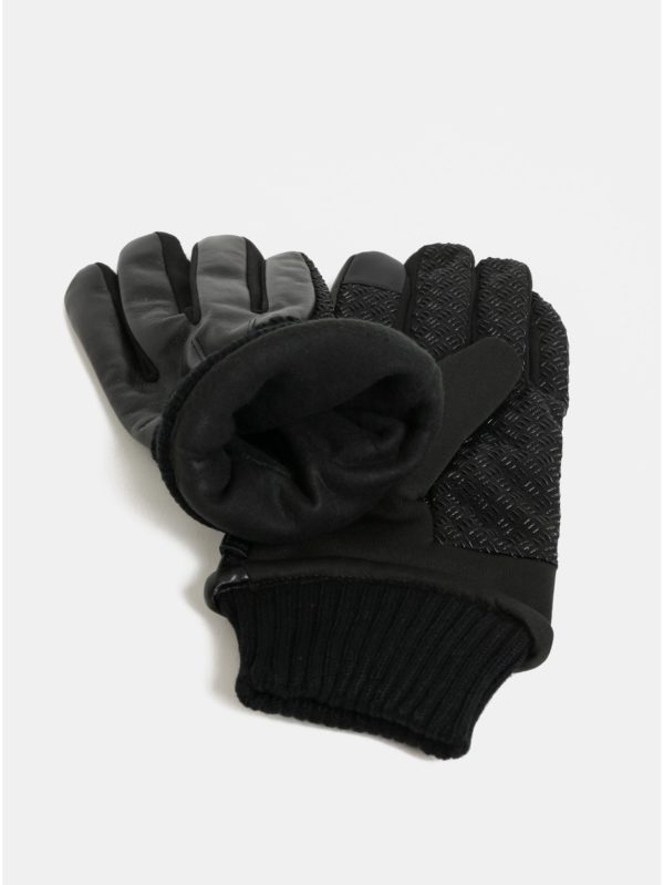 Čierne dotykové rukavice s koženou vrchnou časťou v darčekovej škatuľke Portland