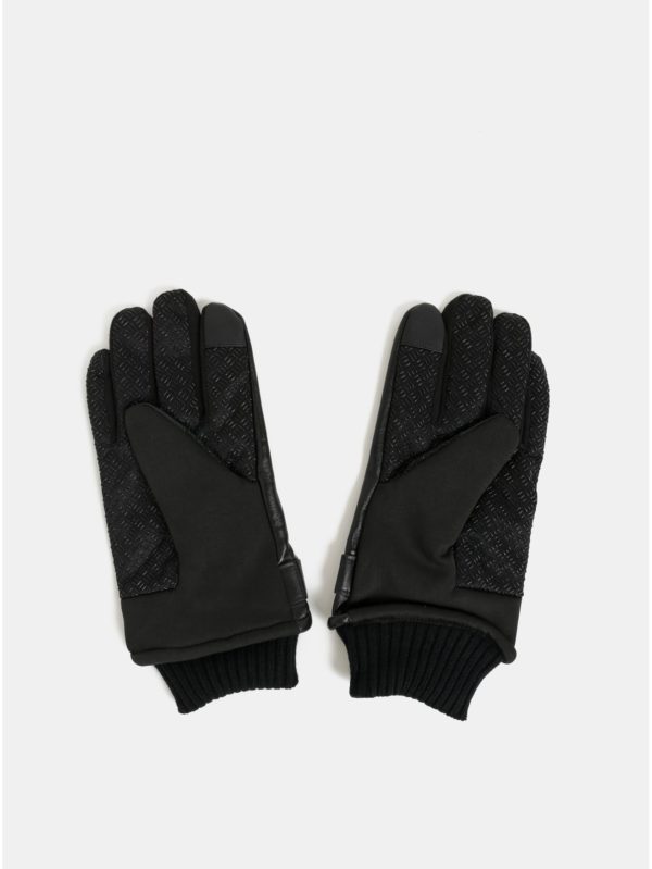 Čierne dotykové rukavice s koženou vrchnou časťou v darčekovej škatuľke Portland