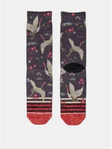 Červeno–modré dámske ponožky s motívom kvetov a žeriava XPOOOS