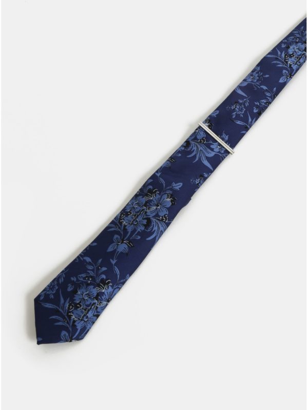 Tmavomodrá kvetovaná slim kravata so sponou Burton Menswear London