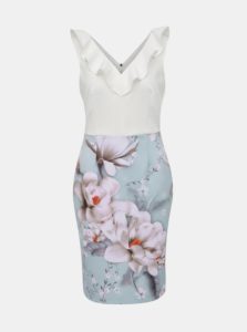 Bielo–modré kvetované puzdrové šaty s volánom Dorothy Perkins