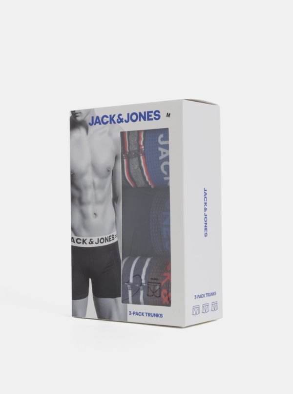 Sada troch pruhovaných boxeriek v šedej a modrej farbe Jack & Jones Strip