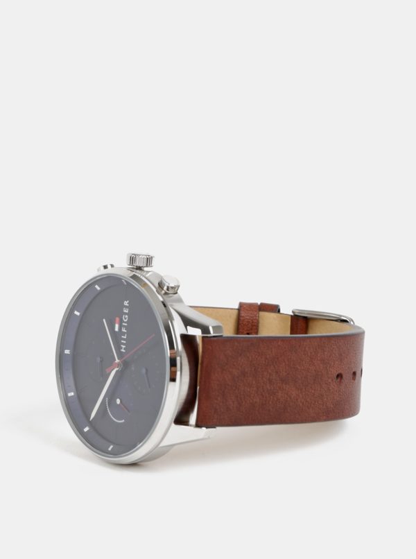 Pánske hodinky s hnedým koženým remienkom Tommy Hilfiger