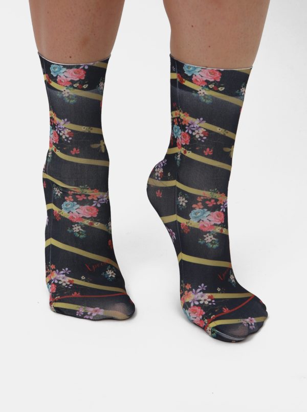 Tmavomodré dámske kvetované ponožky XPOOOS