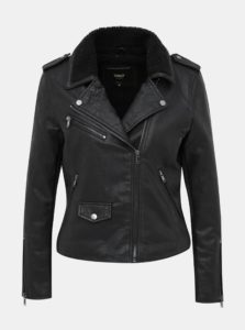 Čierna zimná koženková bunda s vnútorným umelým kožúškom ONLY Taylor