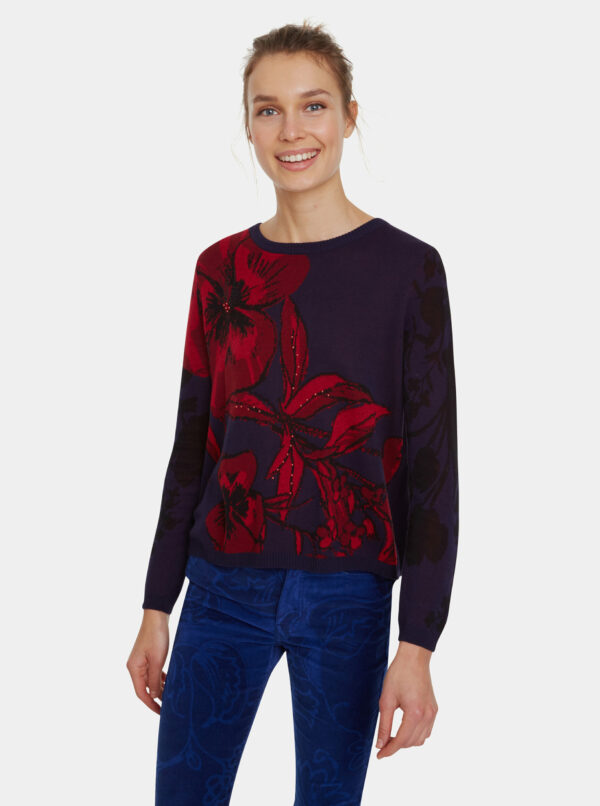 Tmavomodrý kvetovaný sveter s rozparkom na chrbte Desigual