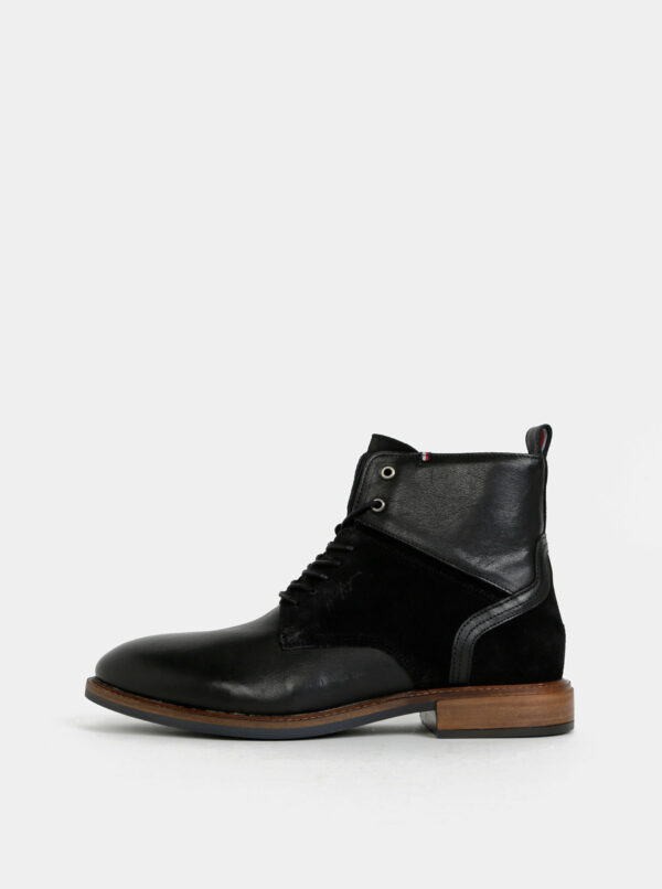 Čierne pánske kožené členkové topánky so semišovými detailmi Tommy Hilfiger