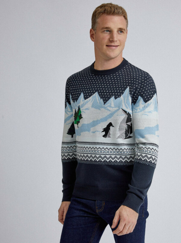 Tmavomodrý vzorovaný sveter s výšivkou Burton Menswear London Penguin Polygon