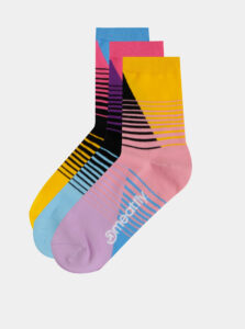 Sada troch párov dámskych pruhovaných ponožiek v rúžovej, modrej a žltej farbe Meatfly Color