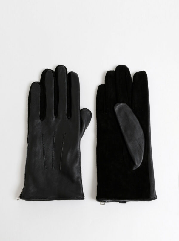 Čierne kožené rukavice so semišovou spodnou časťou Pieces Charper