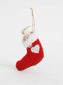 Červená závesná vianočná dekorácia s prímesou vlny v tvare myši v pančuche Sass & Belle