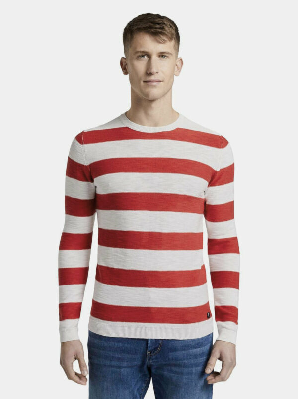 Červeno-biely pánsky pruhovaný basic sveter Tom Tailor Denim