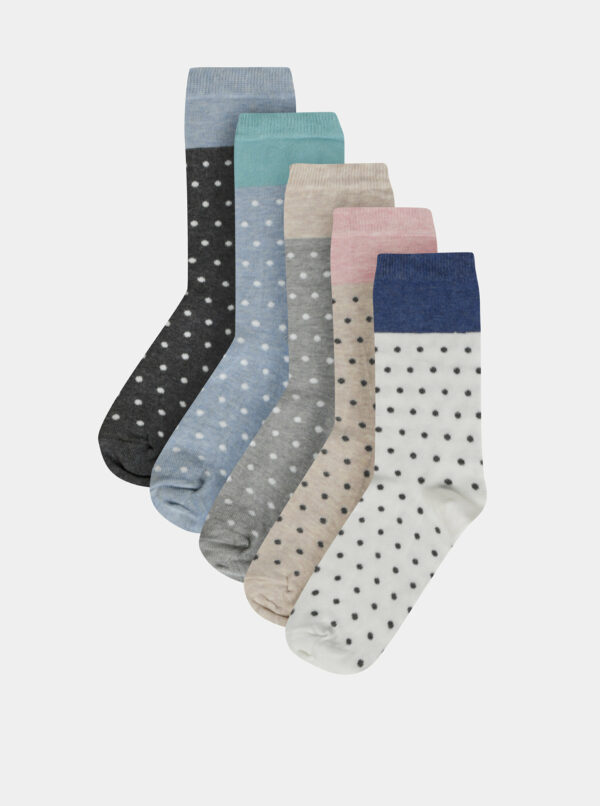 Sada piatich párov bodkovaných ponožiek v šedej, bielej a béžovej farbe M&Co