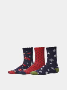Sada troch párov dámskych vianočných ponožiek v modrej a červenej farbe SAM 73