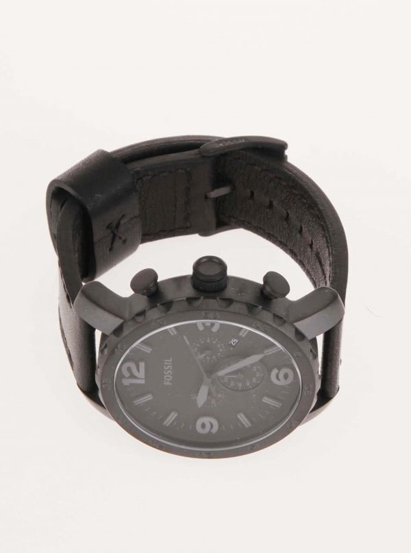 Čierne pánske hodinky s koženým remienkom Fossil