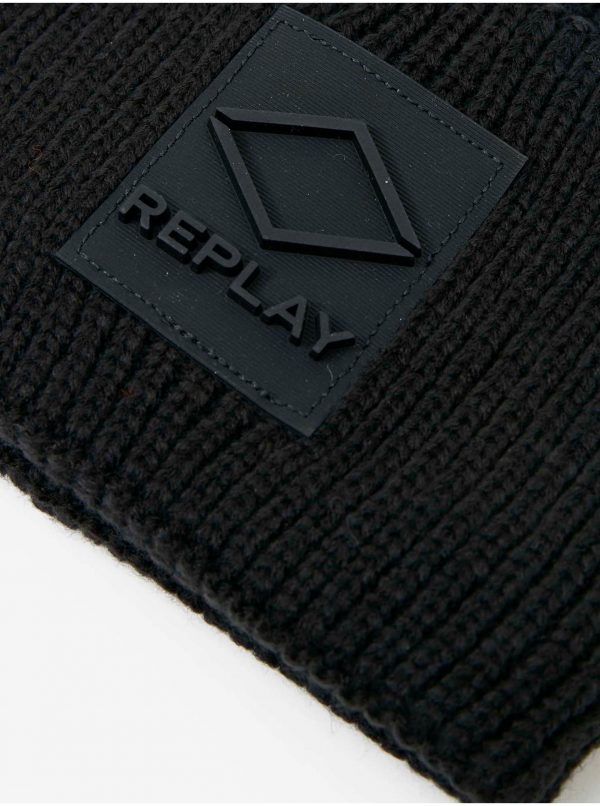 Čierna pánska rebrovaná zimná čiapka Replay