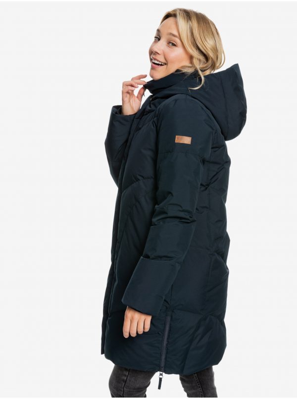 Čierna dámska prešívaná predĺžená zimná bunda s kapucou Roxy