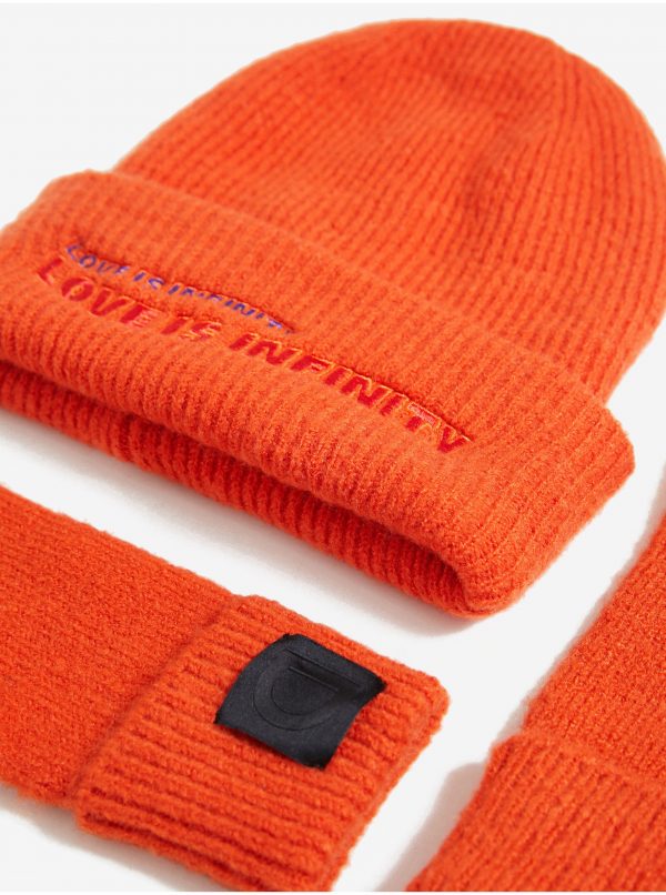Oranžový dámsky set čiapky a rukavíc Desigual Happy Bag