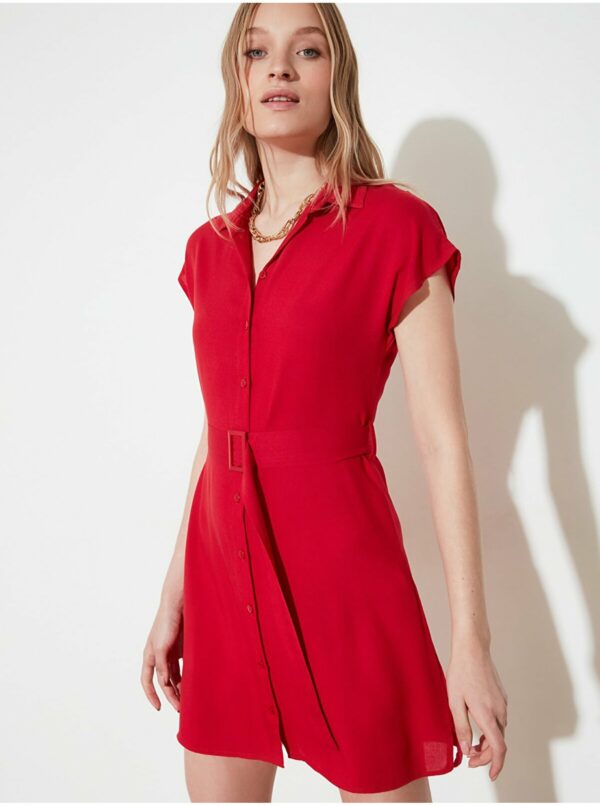 Červené dámske košeľové šaty s opaskom Trendyol