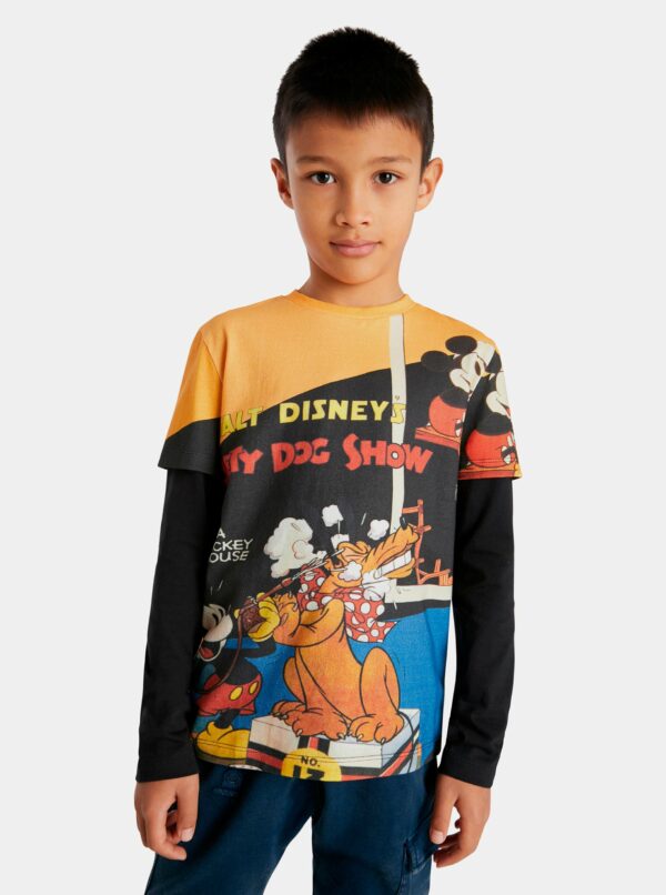Žlto-čierne chlapčenské vzorované tričko Desigual Mickey&Pluto