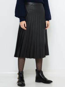 Čierna plisovaná koženková midi sukňa CAMAIEU