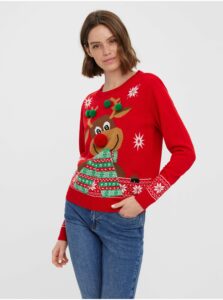 Červený dámsky sveter s vianočným motívom VERO MODA New Frosty Deer