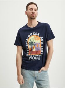 Tmavomodré pánske tričko Guess Palm Window