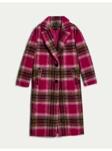 Tmavo ružový dámsky kockovaný kabát s prímesou vlny Marks & Spencer