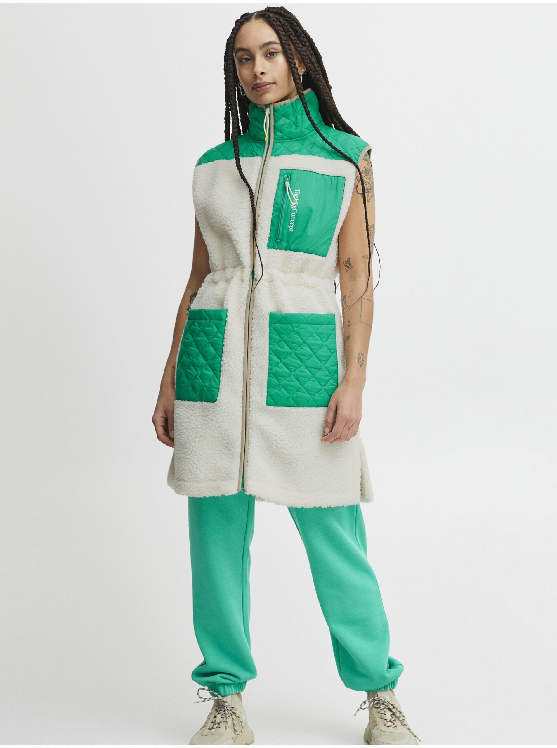Krémovo-zelená dámska dlhá vesta The Jogg Concept