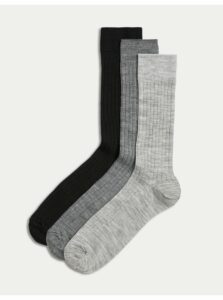 Súprava troch párov pánskych ponožiek s prímesou jahňacej vlny v šedej a čiernej farbe Marks & Spencer