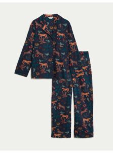 Tmavomodrá dámska vianočná pyžamová súprava s motivom zvierat z džungle Marks & Spencer